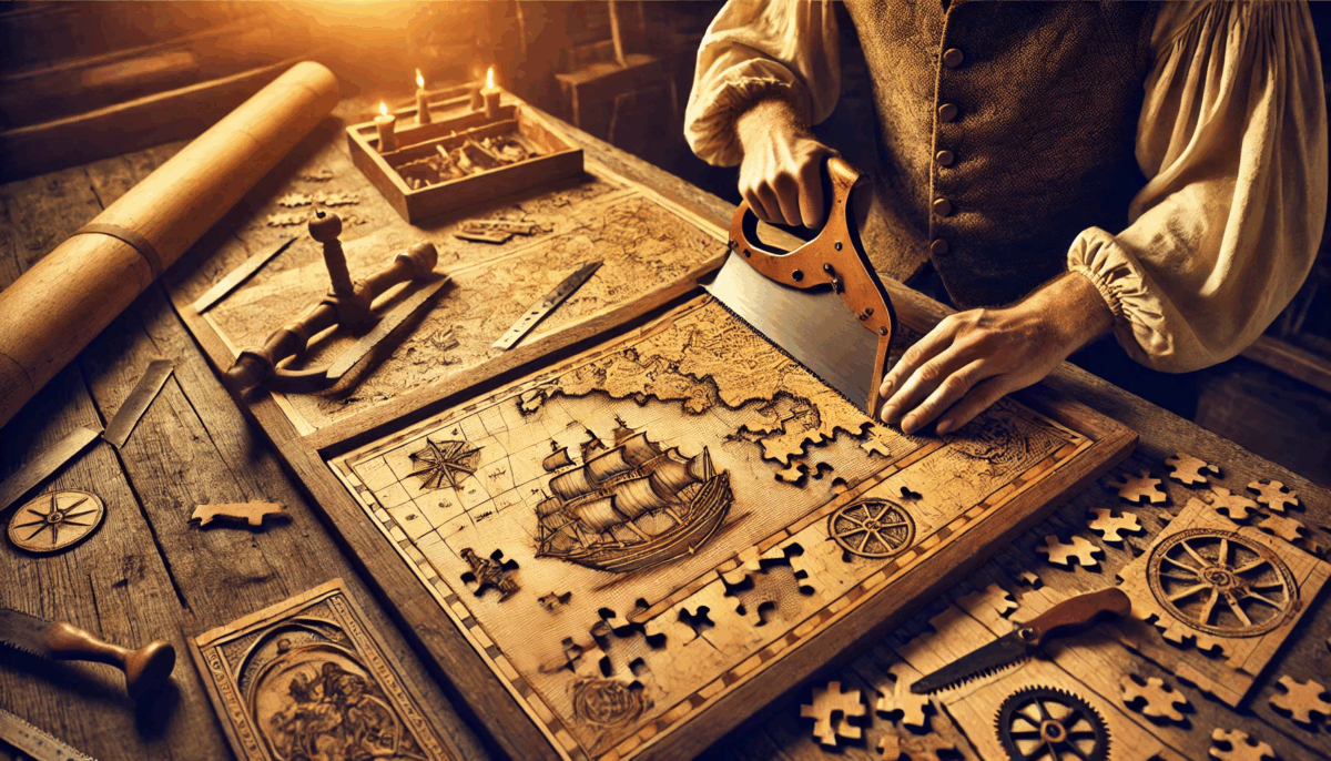 Scène historique illustrant le lien entre le mot “jigsaw puzzle” et l’outil scie à chantourner, avec un artisan découpant une carte en bois.