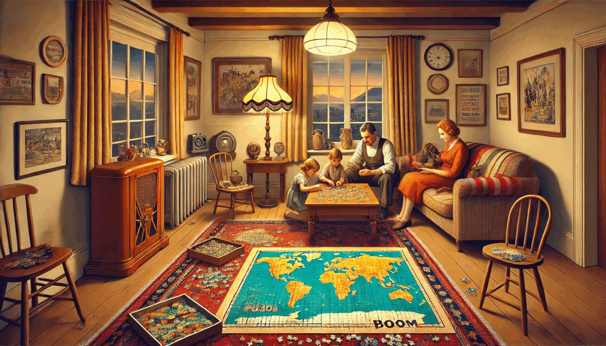 Illustration nostalgique d’une famille des années 1930 assemblant un puzzle sur une table en bois, dans un salon chaleureux éclairé par une lampe vintage.