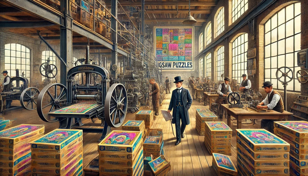 l’industrialisation des puzzles, capturant l’essence d’un atelier du XIXe siècle en pleine activité.
