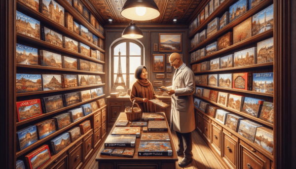 Une boutique spécialisée en puzzles en France, avec des étagères remplies de boîtes colorées et un client explorant les options disponibles.