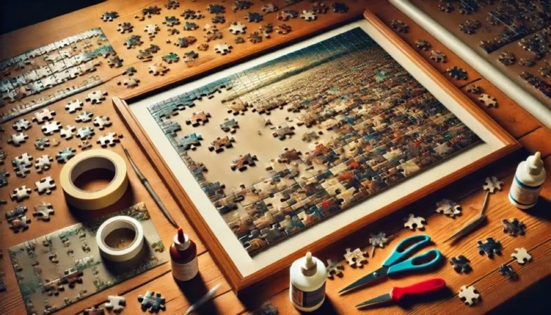 Un puzzle terminé avec de la colle, entouré des outils nécessaires pour le processus.