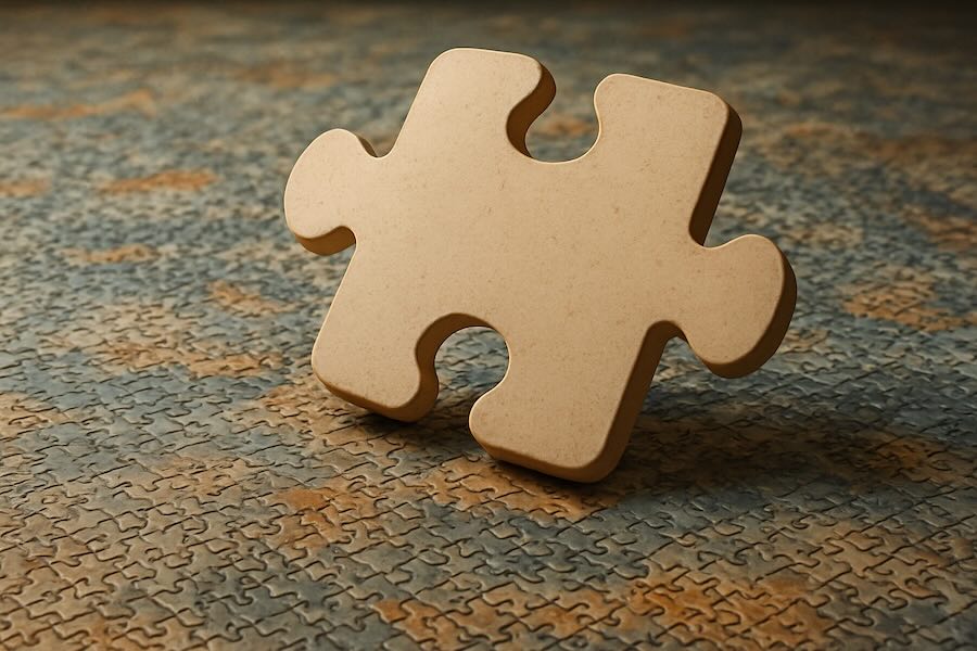 Une énorme pièce de puzzle posée sur un sol en bois, éclairée par une lumière naturelle, symbolisant l’univers des puzzles géants.