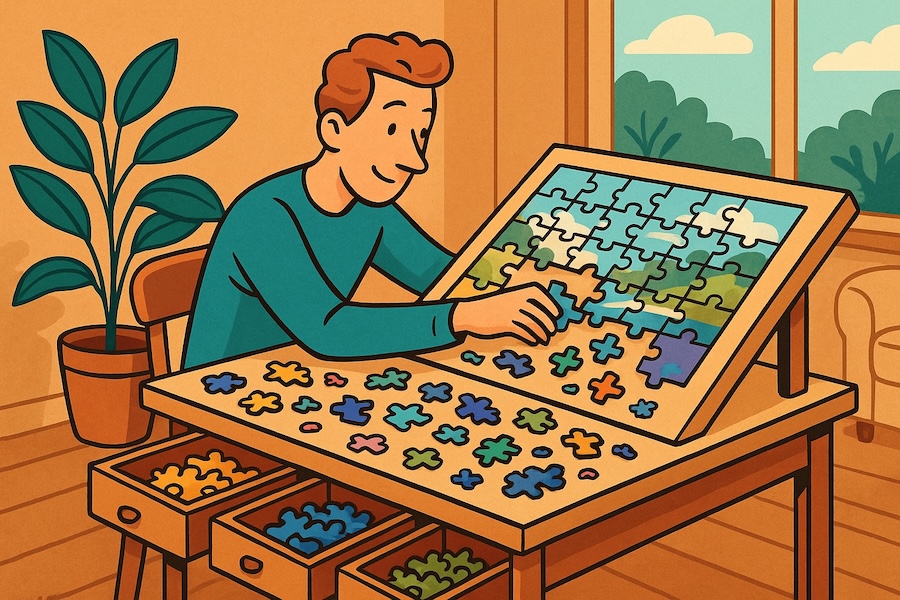 Homme dessin animé résolvant un puzzle sur un table puzzle.
