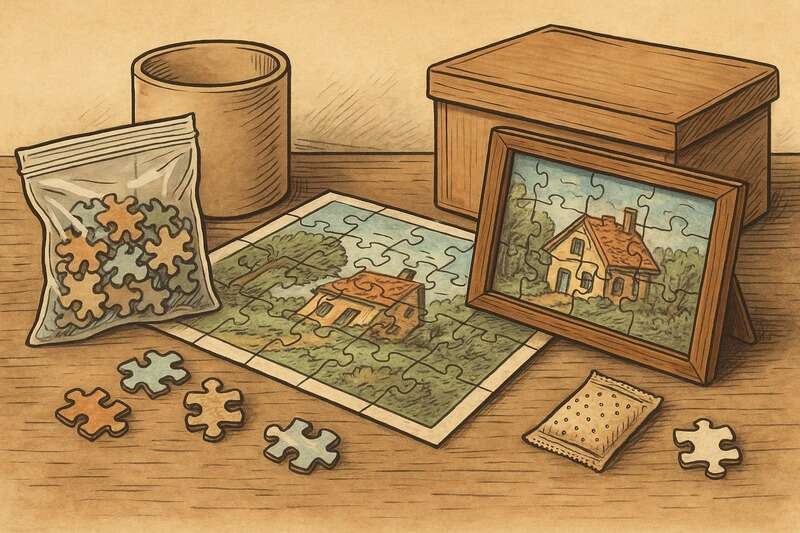 Puzzle en bois partiellement monté avec boîte, cadre et accessoires de conservation, illustré en style dessiné.