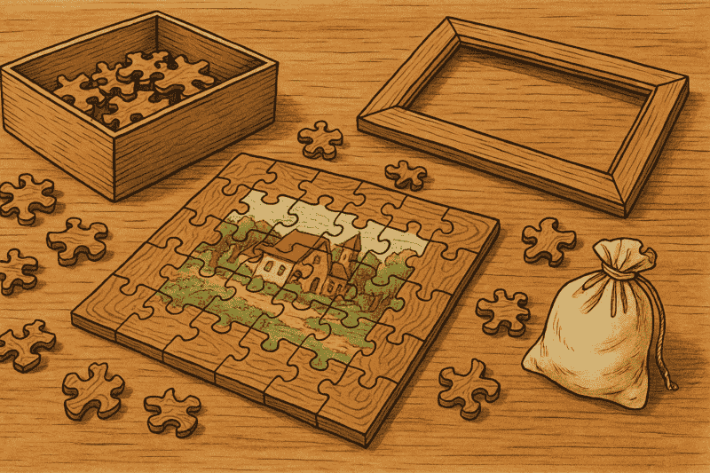 Puzzle en bois assemblé sur une table, avec cadre et sachet de conservation.