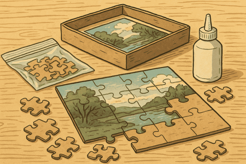 Puzzle en carton assemblé sur une table, avec cadre et sachet de conservation.