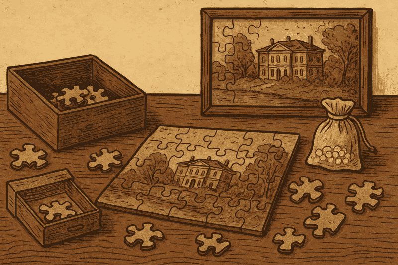 Puzzle vintage en bois partiellement assemblé sur une table, avec cadre et sachet de conservation.