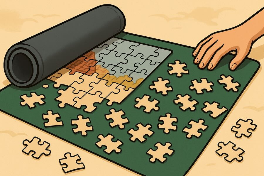 Illustration d’un tapis de puzzle enroulé avec des pièces partiellement assemblées dessus.