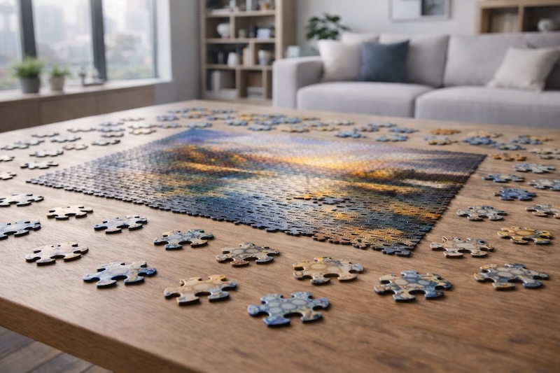 Puzzle en cours d’assemblage sur une table