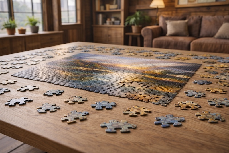 Puzzle en cours d’assemblage sur une table dans une maison authentique