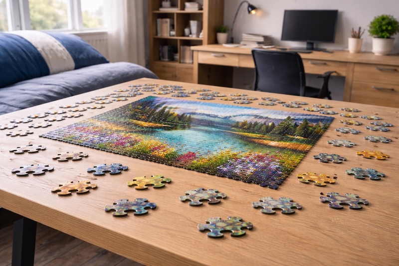 Puzzle en cours d’assemblage sur une table dans une chambre à coucher