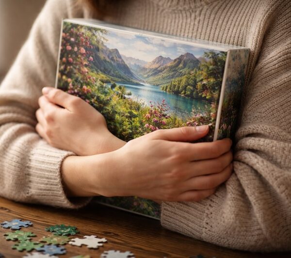Une personne tenant contre elle une boîte de puzzle, illustrant l’attachement émotionnel créé par l’expérience du puzzle.