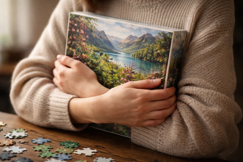 Une personne tenant contre elle une boîte de puzzle, illustrant l’attachement émotionnel créé par l’expérience du puzzle.