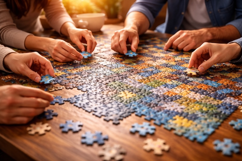 Un groupe de passionnés de puzzle autour d’une table
