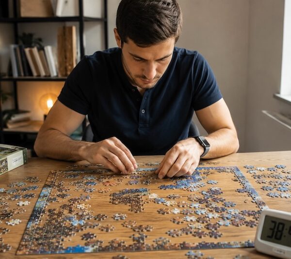 Débutant en speed puzzling en train d’assembler un puzzle chronométré sur une table.