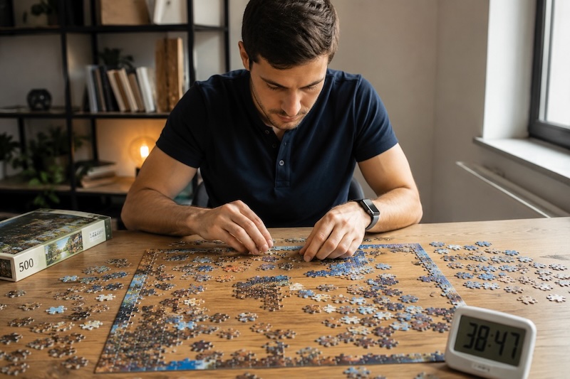 Débutant en speed puzzling en train d’assembler un puzzle chronométré sur une table.