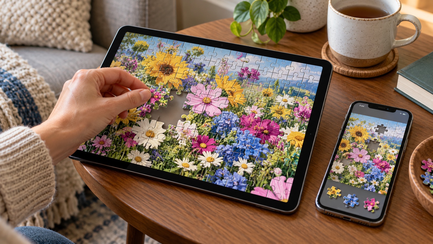 Tablette et téléphone affichant un puzzle numérique de fleurs