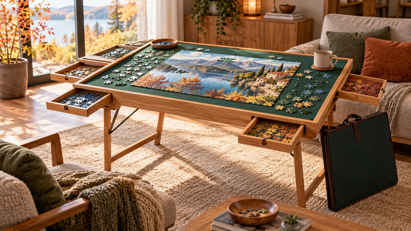 Table de puzzle en bois avec tiroirs de tri, puzzle en cours et mallette de rangement dans un salon chaleureux.
