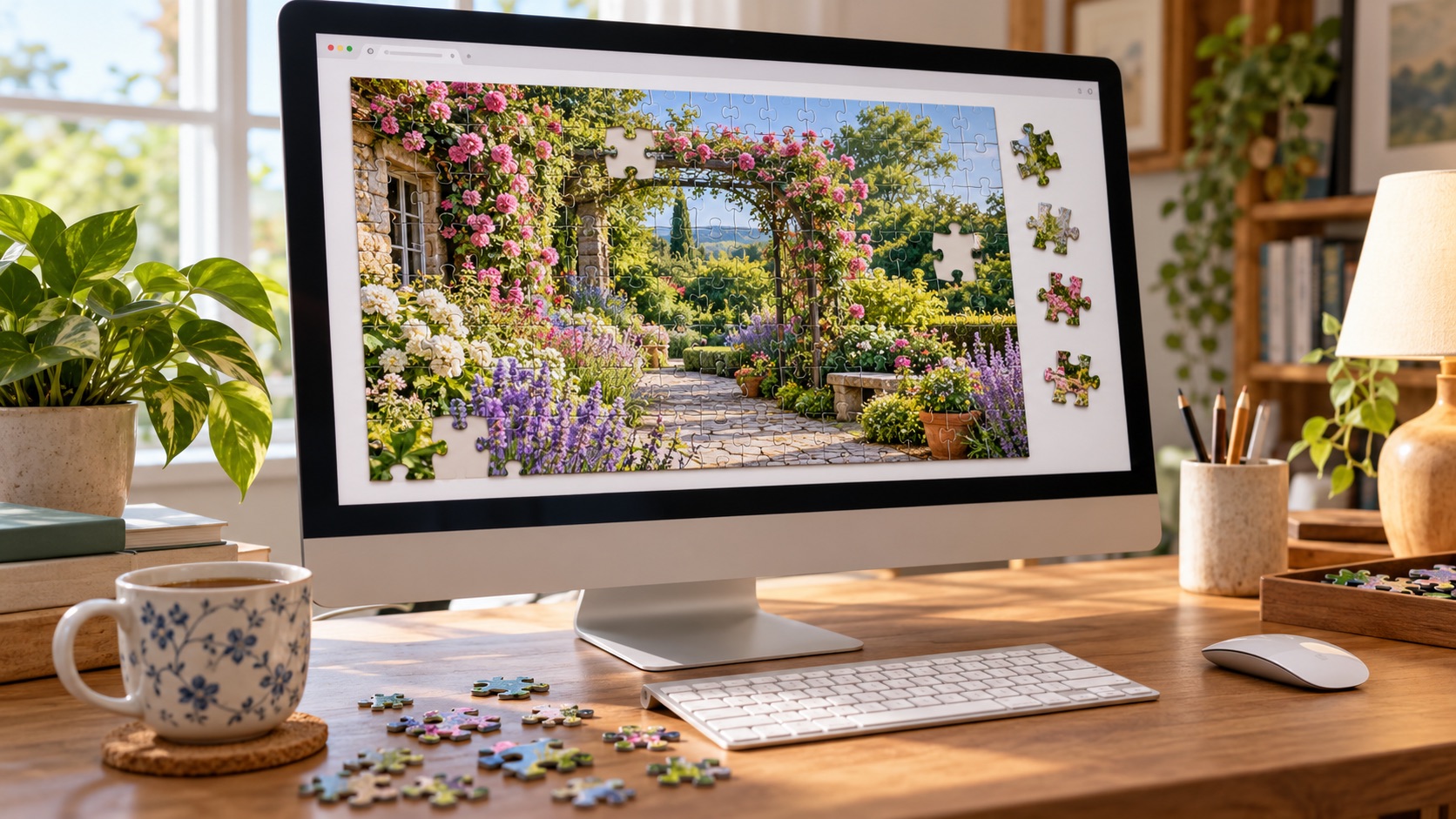 Puzzle numérique de jardin fleuri affiché sur un ordinateur de bureau