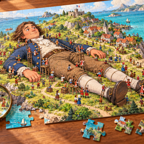 Illustration de Gulliver entouré de Lilliputiens sur un puzzle posé sur une table en bois.