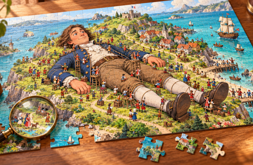 Illustration de Gulliver entouré de Lilliputiens sur un puzzle posé sur une table en bois.