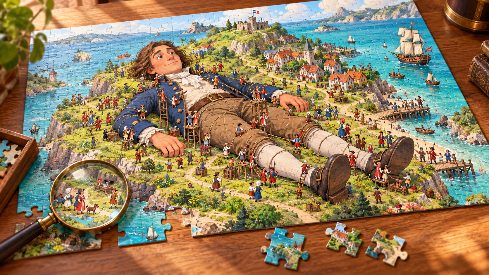 Illustration de Gulliver entouré de Lilliputiens sur un puzzle posé sur une table en bois.