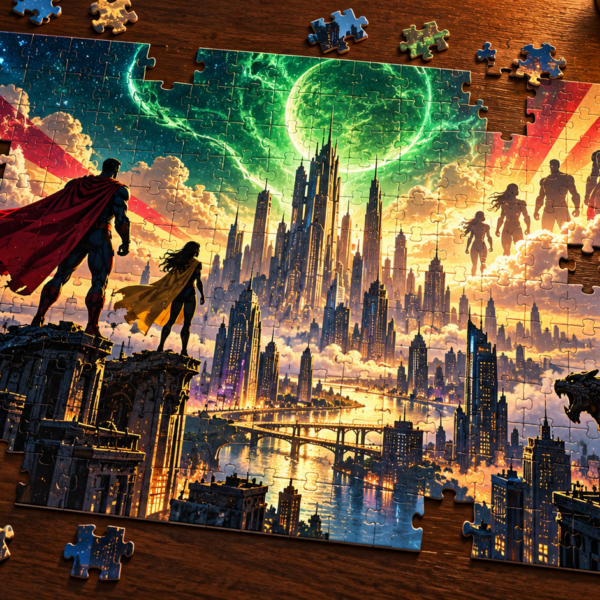 Puzzle illustré de super-héros devant une ville fantastique, avec des pièces éparpillées sur une table.