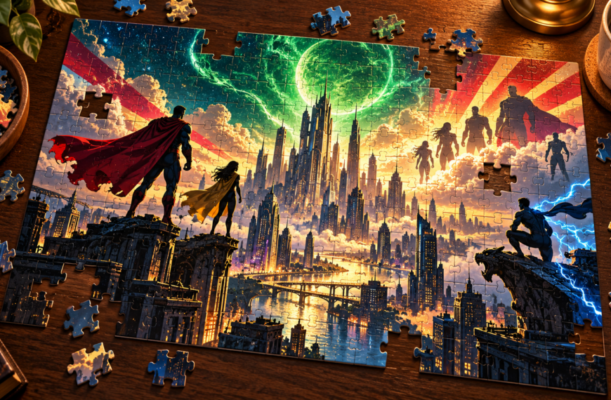 Puzzle illustré de super-héros devant une ville fantastique, avec des pièces éparpillées sur une table.