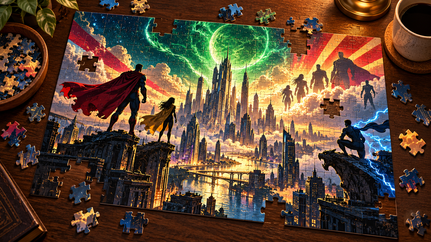 Puzzle illustré de super-héros devant une ville fantastique, avec des pièces éparpillées sur une table.