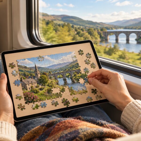 Voyageur assemblant un puzzle numérique sur tablette dans un train