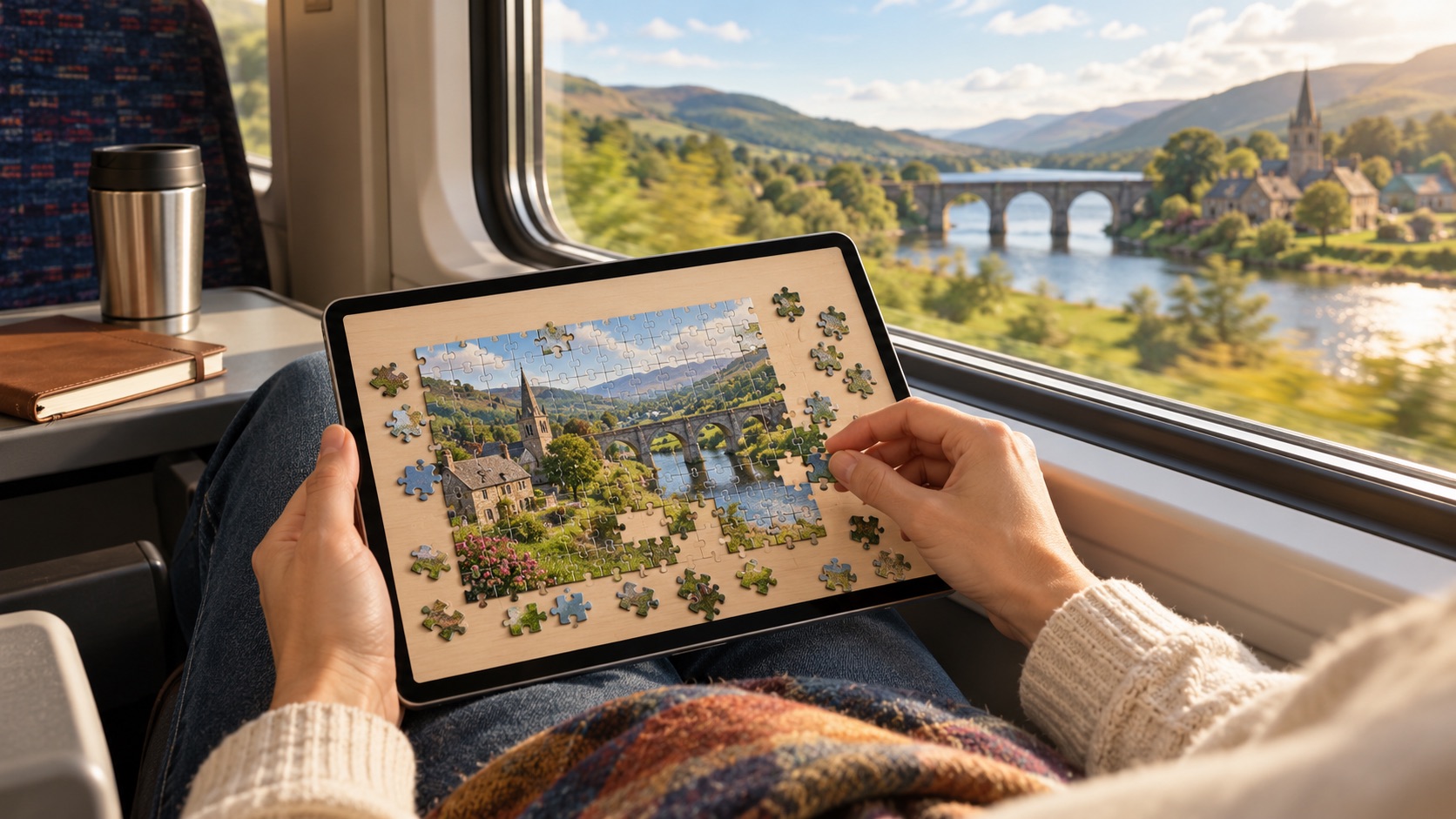 Voyageur assemblant un puzzle numérique sur tablette dans un train