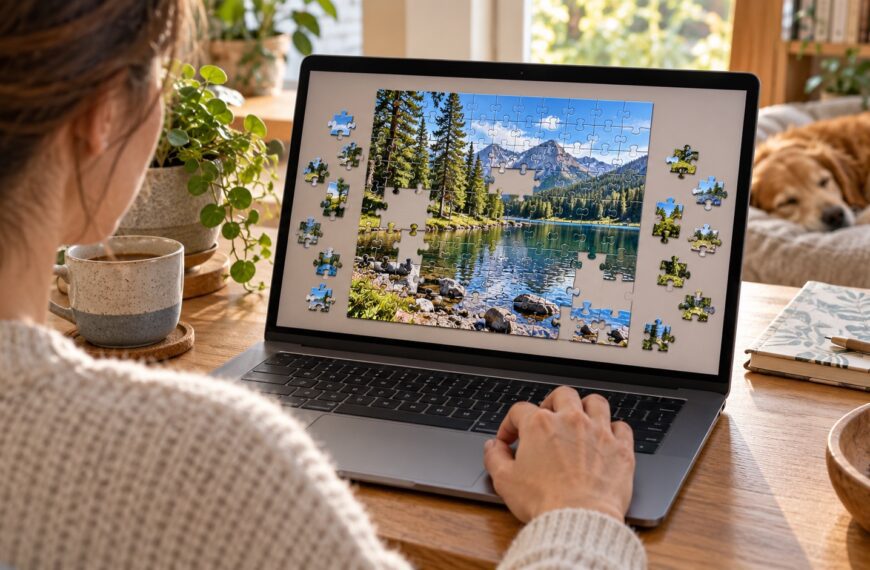 Joueur devant un ordinateur affichant un puzzle numérique de lac en forêt