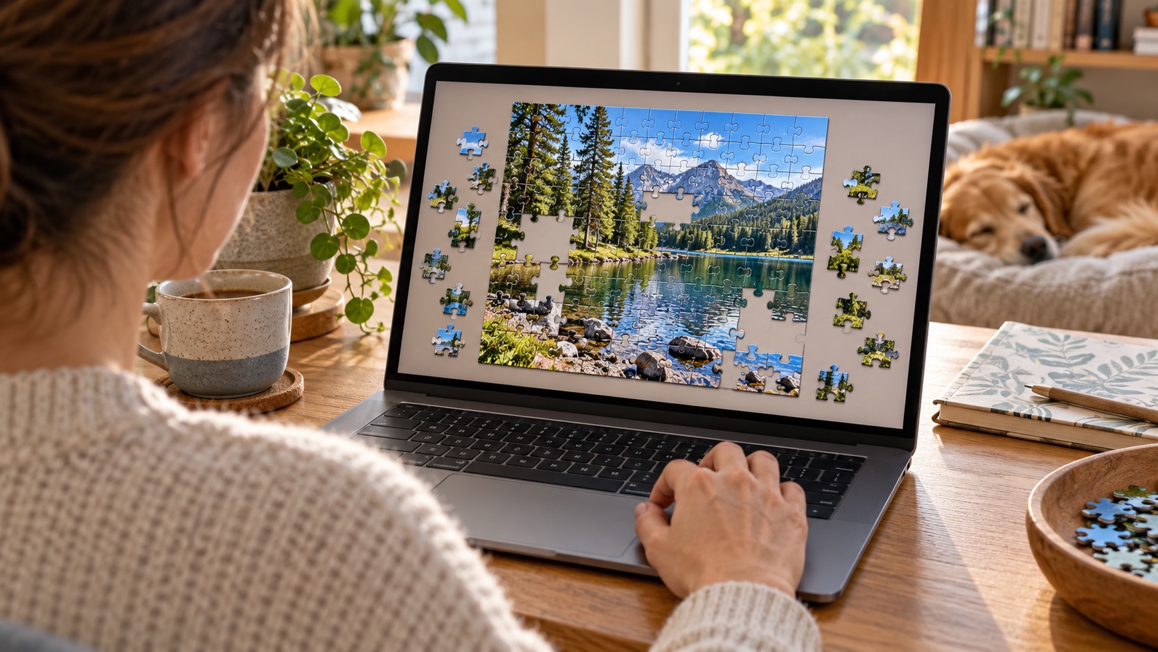 Joueur devant un ordinateur affichant un puzzle numérique de lac en forêt