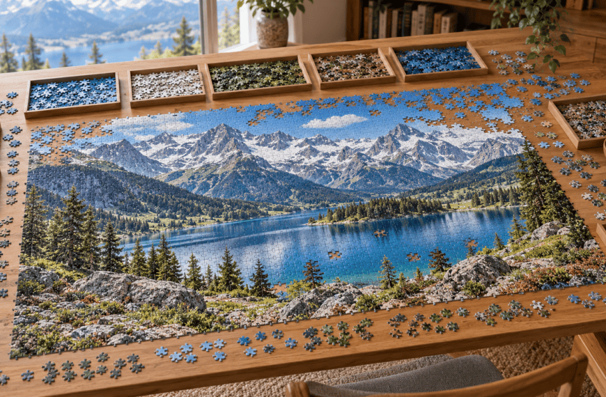 Grand puzzle de paysage alpin avec un lac sur une table et des plateaux de tri