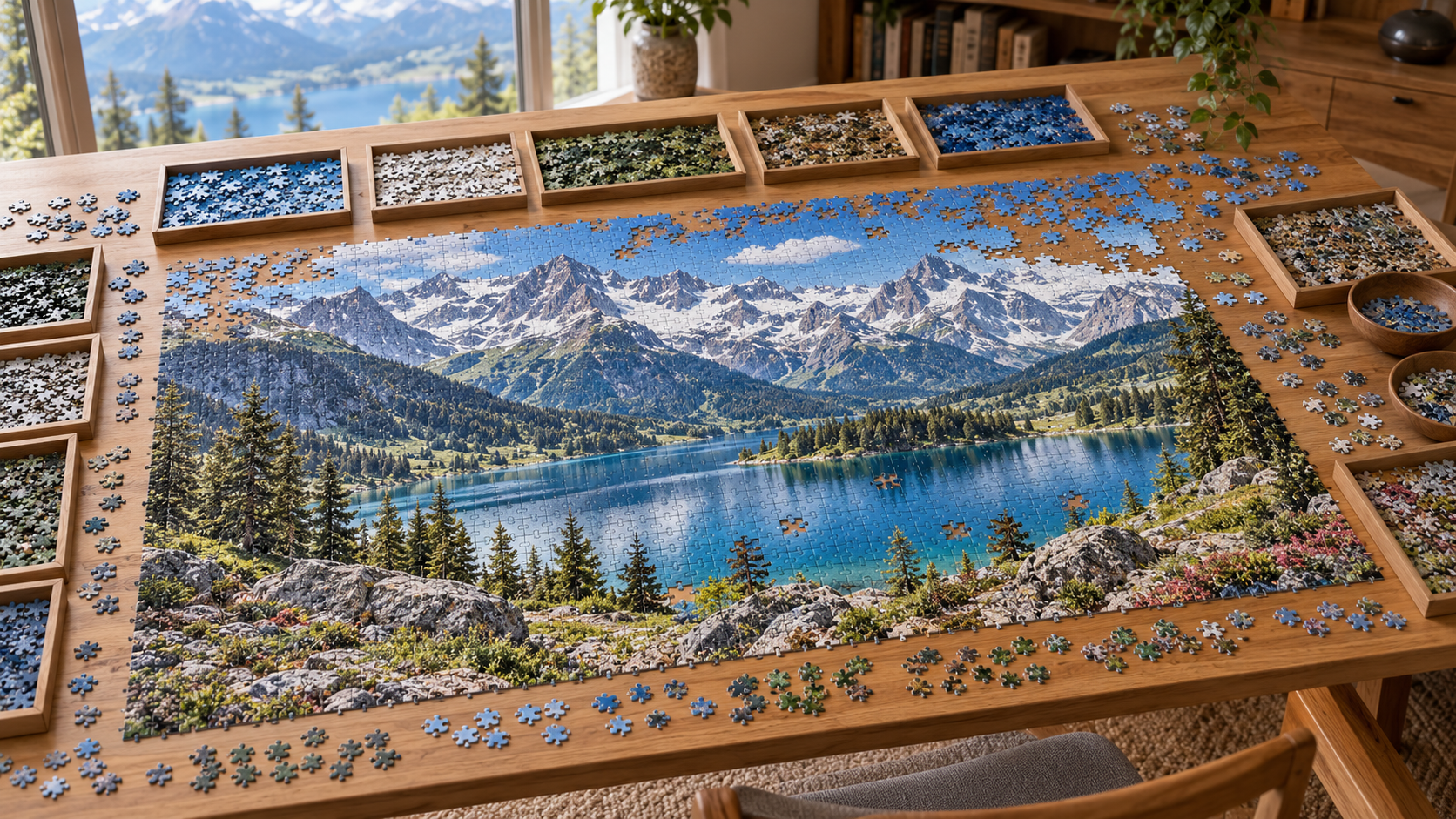 Grand puzzle de paysage alpin avec un lac sur une table et des plateaux de tri