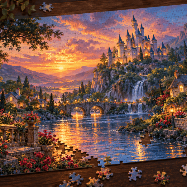 Puzzle d’un château féerique au coucher du soleil avec pièces disposées sur une table