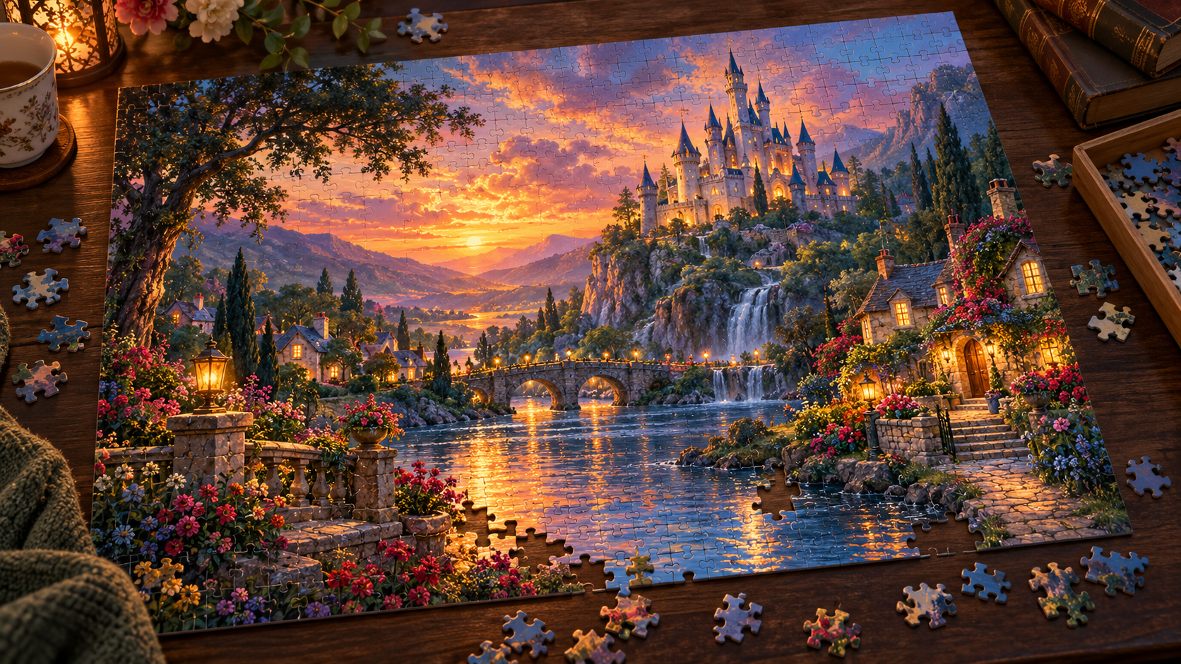 Puzzle d’un château féerique au coucher du soleil avec pièces disposées sur une table