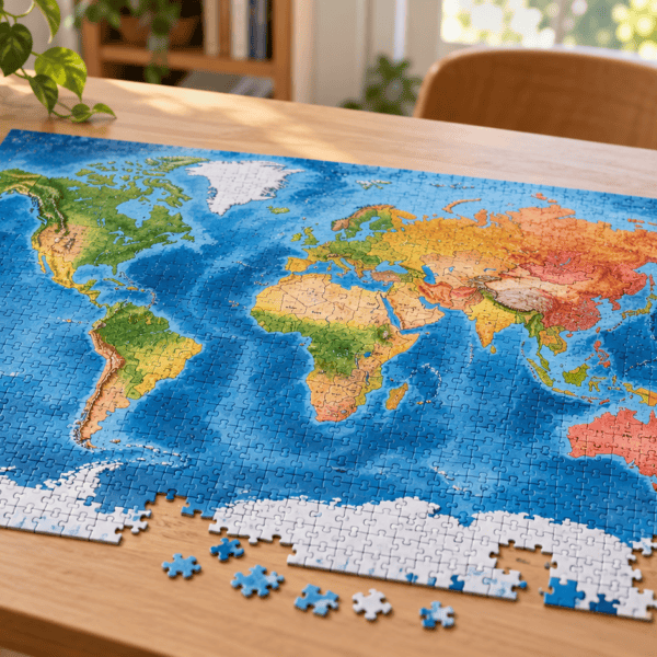 Puzzle carte du monde sur un bureau avec globe et plateaux de tri