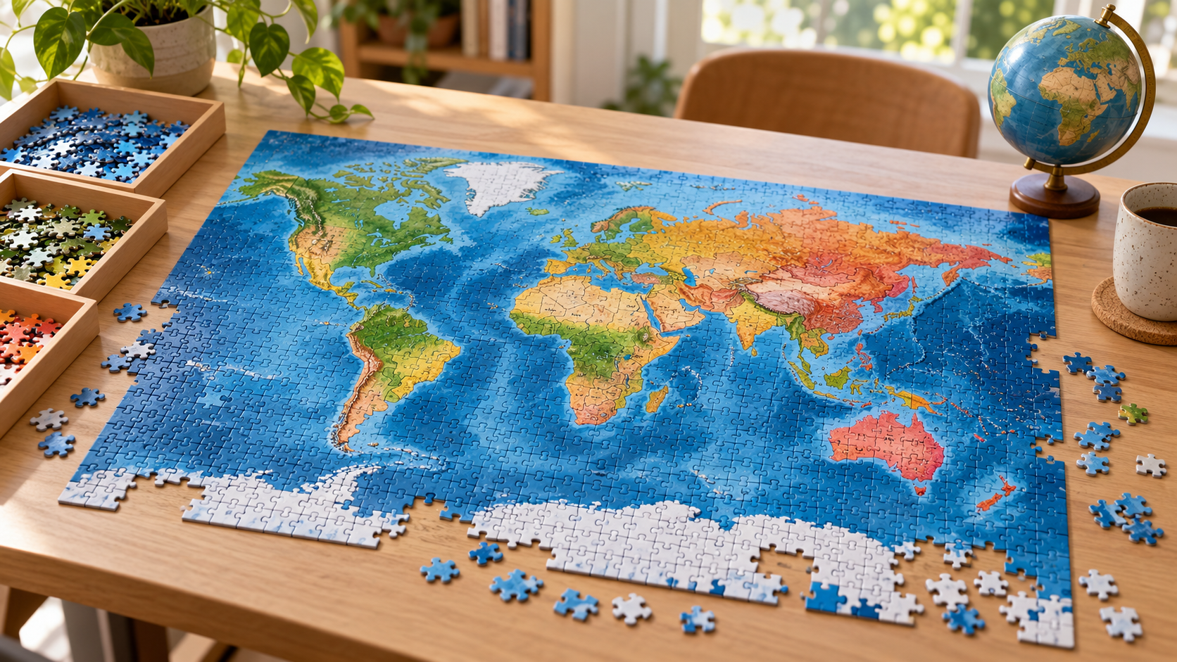 Puzzle carte du monde sur un bureau avec globe et plateaux de tri