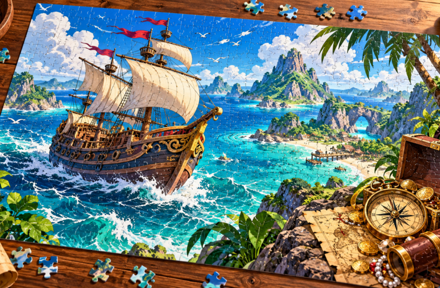 Puzzle illustrant un voilier dans un paysage tropical, évocation de l’aventure maritime