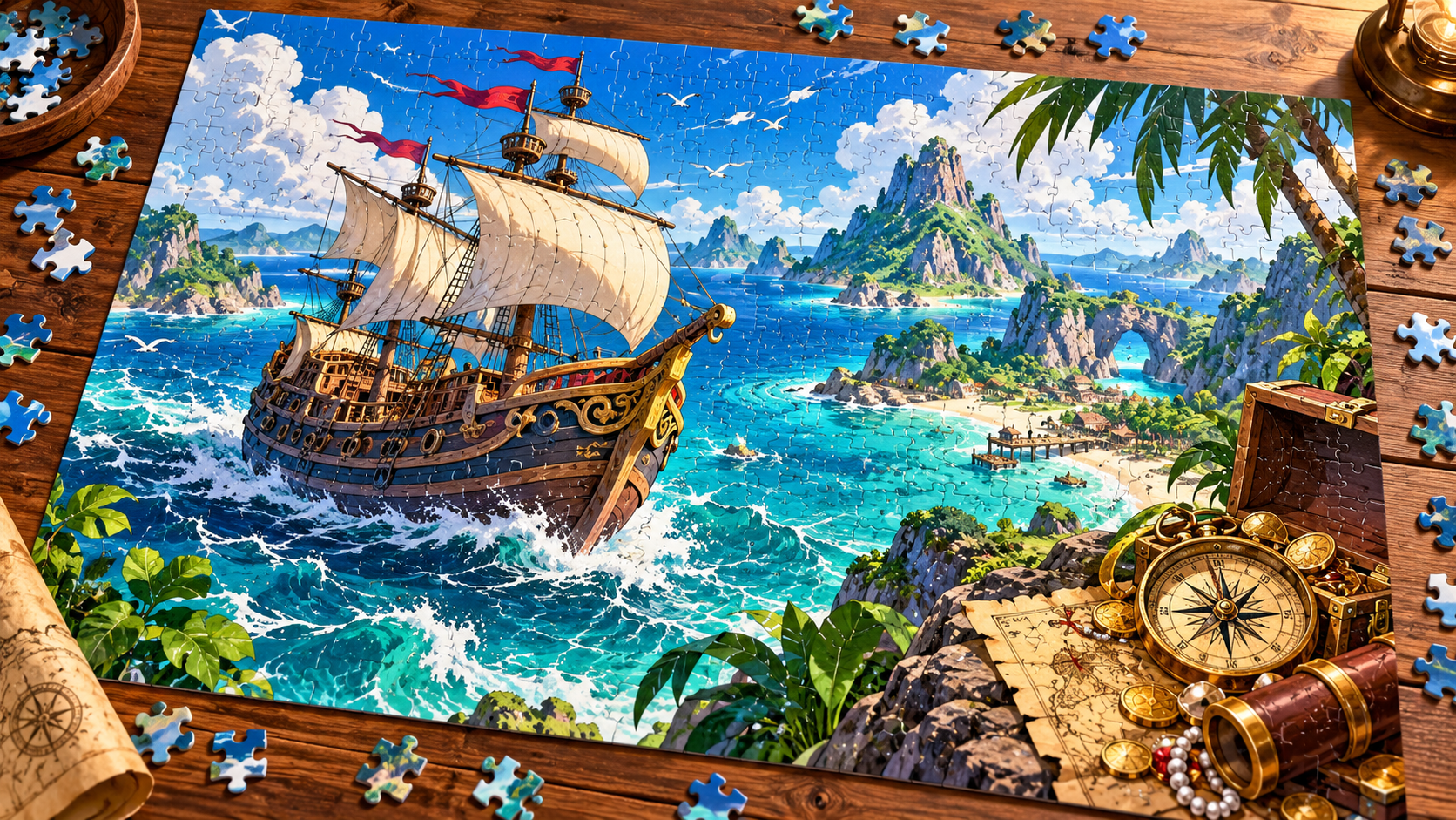 Puzzle illustrant un voilier dans un paysage tropical, évocation de l’aventure maritime