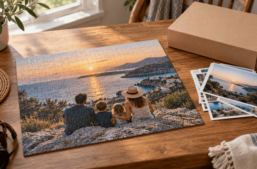 Puzzle photo de famille sur une table en bois avec des tirages souvenirs