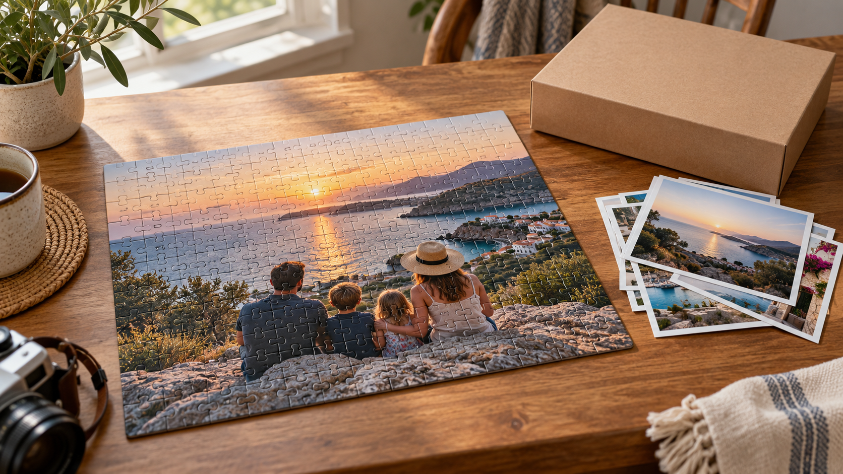 Puzzle photo de famille sur une table en bois avec des tirages souvenirs