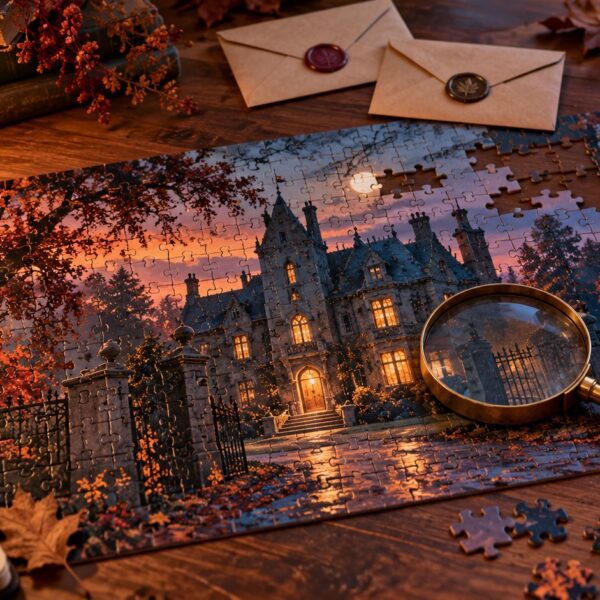 Puzzle représentant un manoir mystérieux, accompagné d’une loupe et d’enveloppes d’indices.