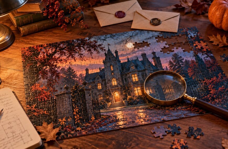Puzzle représentant un manoir mystérieux, accompagné d’une loupe et d’enveloppes d’indices.