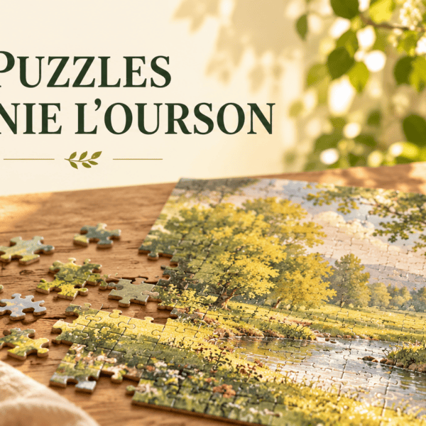 Puzzle de paysage sur une table avec un pot de miel et le titre « Puzzles Winnie l’Ourson »
