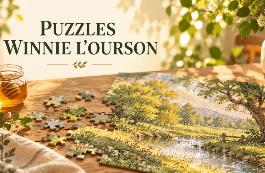 Puzzle de paysage sur une table avec un pot de miel et le titre « Puzzles Winnie l’Ourson »