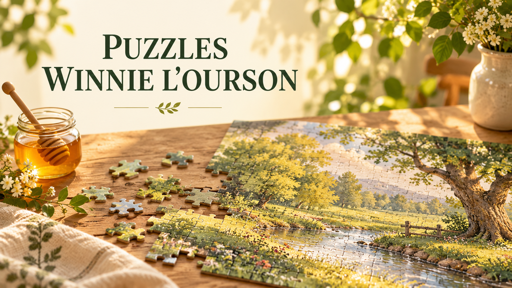 Puzzle de paysage sur une table avec un pot de miel et le titre « Puzzles Winnie l’Ourson »